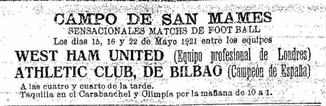 Advert in El Nervión newspaper announcing Athletic's matches vs West Ham in 1921