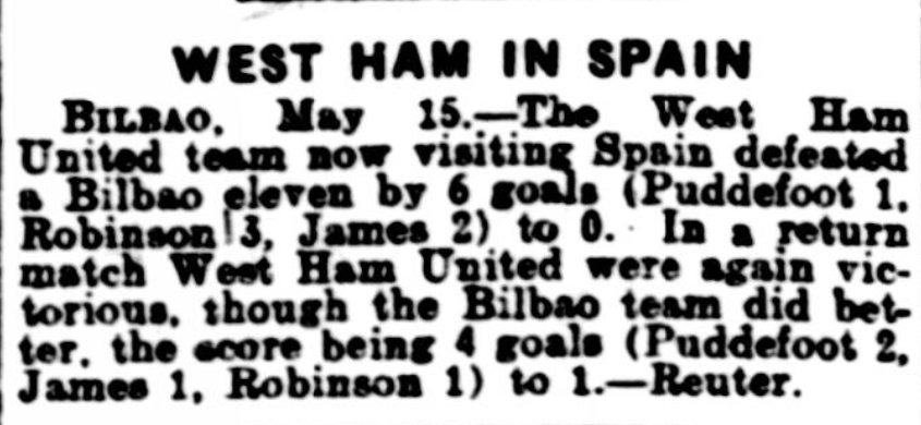 British newspaper clipping with report from first two matches