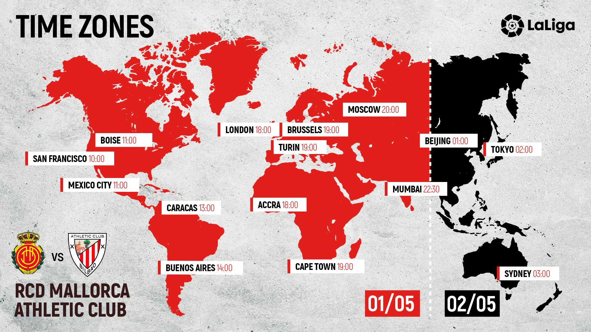 Global kickoff times RCD Mallorca vs Athletic Club I LaLiga 202223 MD32