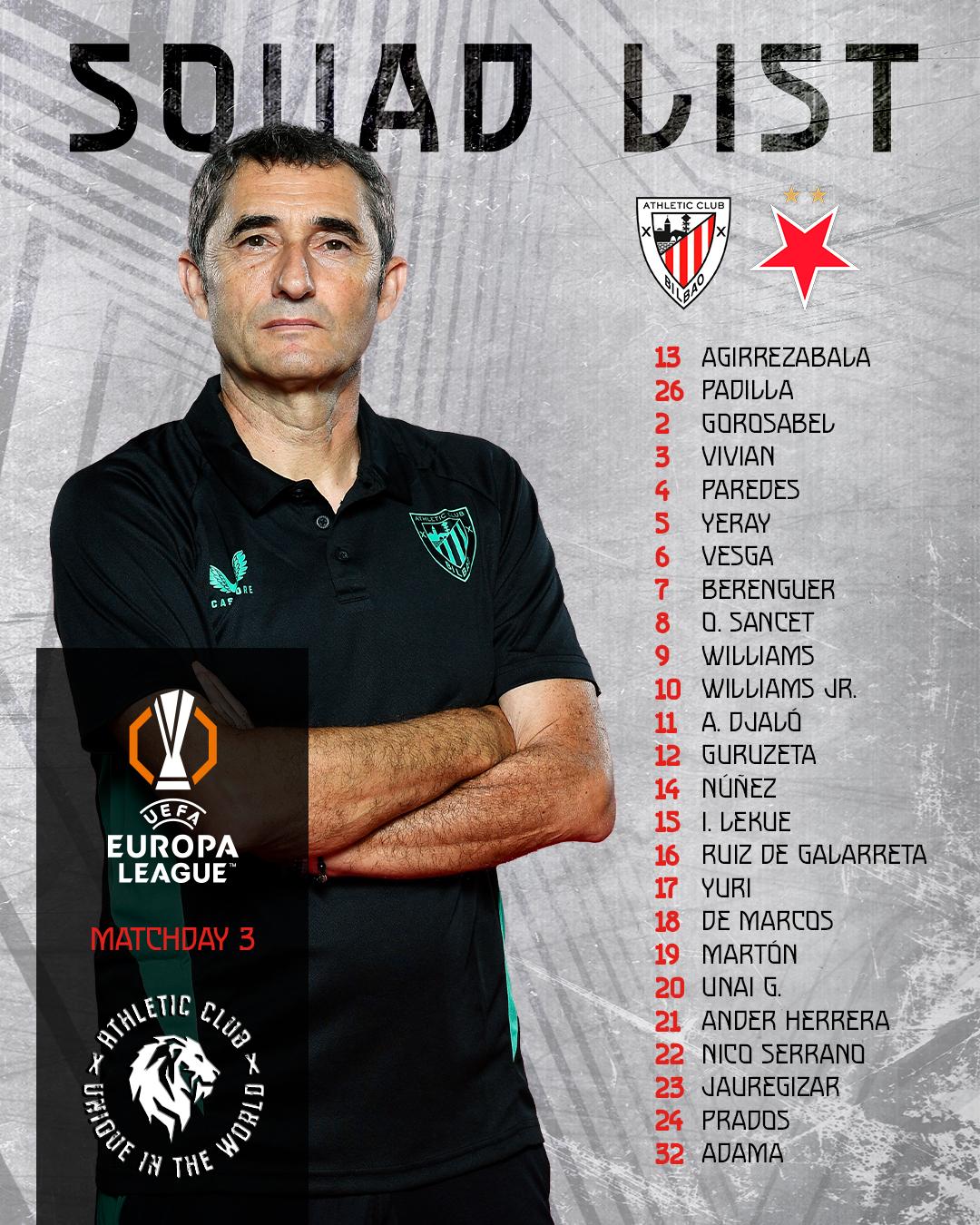 Squad list: Athletic Club vs SK Slavia Praha (Europa League MD3 ...