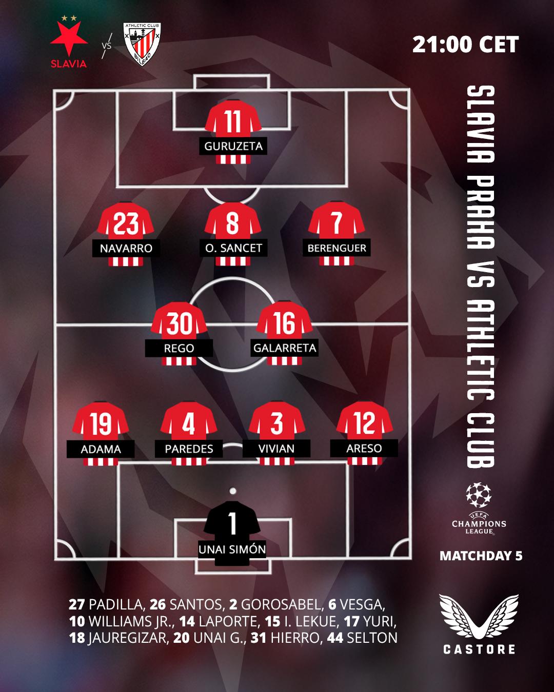 Starting XI: Slavia Praha vs Athletic Club (Champions League 2025-26 MD5)
