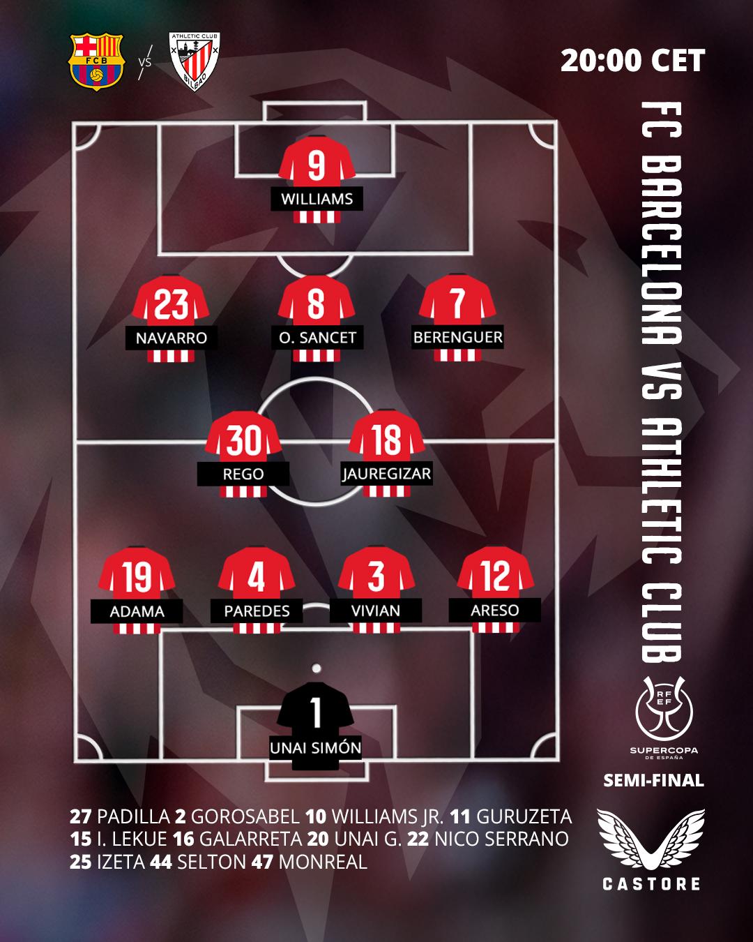 Starting XI: FC Barcelona vs Athletic Club (2025/26 Supercopa semi-final)