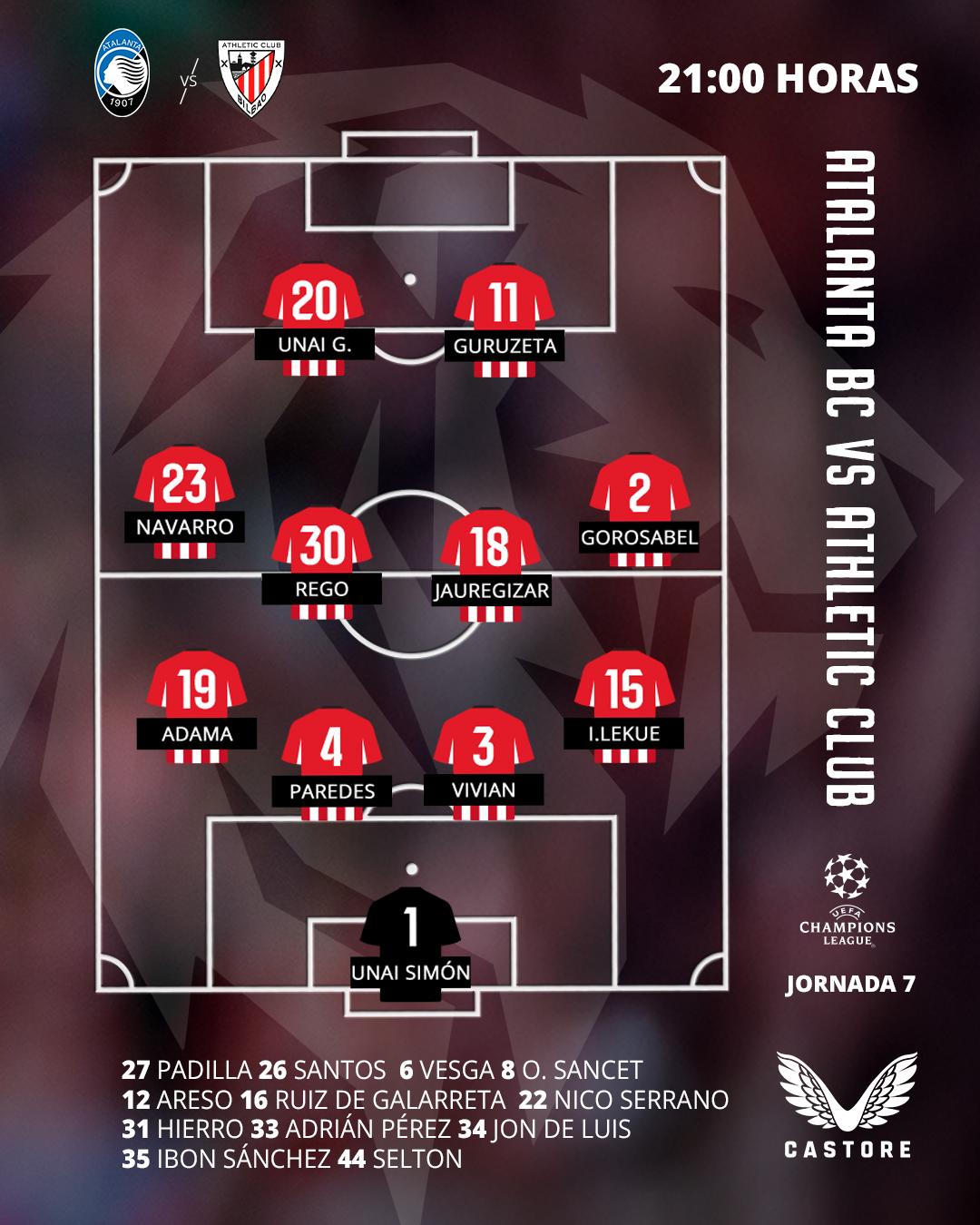 Alineación: Atalanta BC-Athletic Club (Champions League 2025-26, J7)